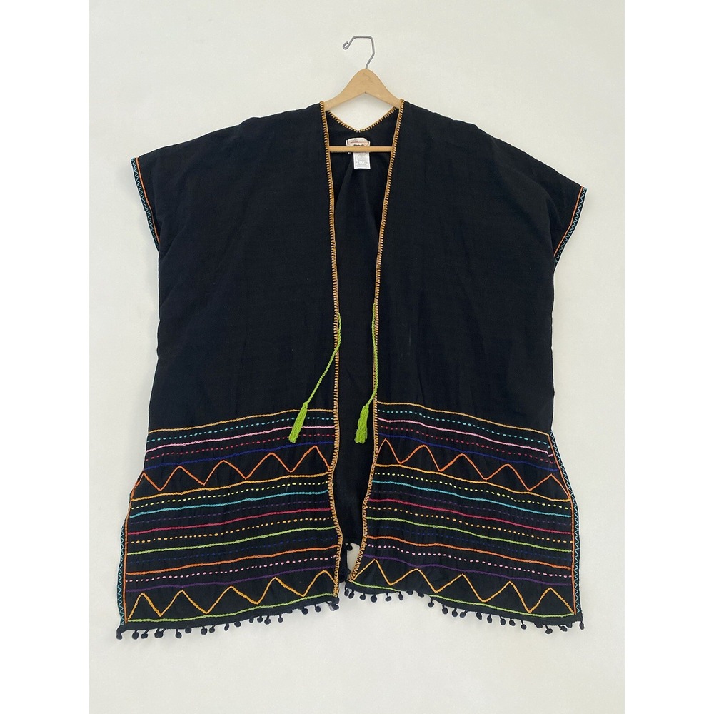Beach Open Poncho Black Colorful Embroidery One Size Celia Colunga Handmade